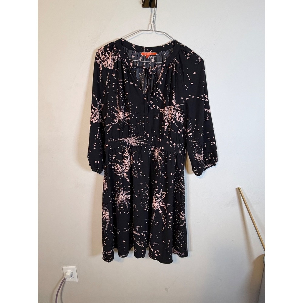 ModCloth Womens Fit and Flare Dress Abstract Butterfly Print Black Pink Size M